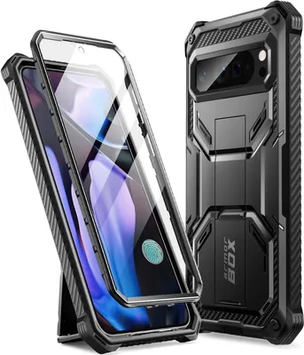 A black phone case with a built-in screen protector and kickstand is shown from two angles against a white background.