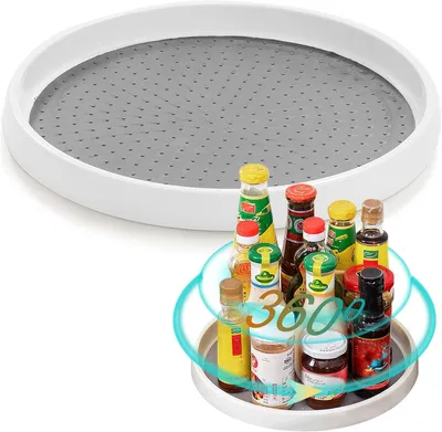 Produktbild von Drehbarer Tablett-Organizer, drehbarer Gewürzregal-Organizer, Küchenschrank-Regal-Organizer, drehbares Aufbewahrungstablett, weißer Kunststoff-Gewürzhalter