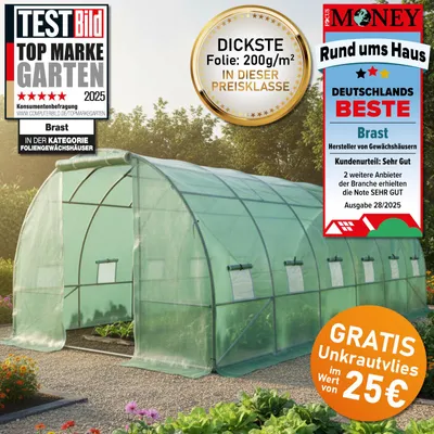 Produktbild von BRAST Gewächshaus Foliengewächshaus mit Stahlfundament | 3x6m | inkl. Erdanker Unkrautvlies & 12 Aufrollbare Fenster mit Moskitonetz | UV-stabilisierte Gitterschutzfolie 200g/m²
