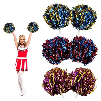 Produktbild von 6 Stück Pom Poms für Cheerleading in Bunt, Cheerleader Pompons mit Stiel | Metallfolie Pompoms für Sportwettbewerbe, Schulsport, Karnevalspartys