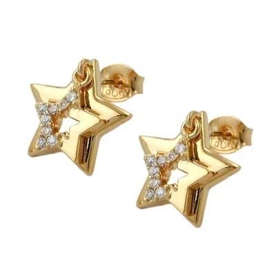 Produktbild von Ohrstecker Ohrring 13mm doppelter Stern mit Zirkonia vergoldet 3 Mikron gold 13mm