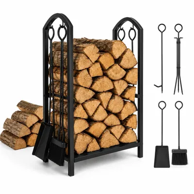 Zdjęcie produktu dla Bauhus Stojak na Drewno Kominkowe 5w1 75 cm Metalowy z Przyborami Czarny do Salonu i Domku