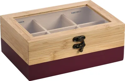 Produktbild von KESPER Teebox Bambus   – 6 Fächer – rot mit Sichtfenster & Metallverschluss – 21,5 x 15 x 8,5 cm – Teekiste, Teeaufbewahrung, 58943
