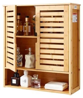 Produktbild von Badezimmer Wandschrank Medizinschrank mit 2 Türen und verstellbaren Regalen, Aufbewahrungsschrank zur Wandmontage über der Toilette, Hängeschrank mit offener Trennwand für Küche und Toilette