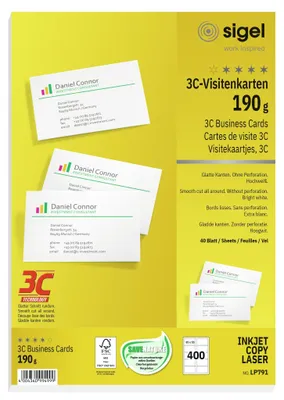 Produktbild von SIGEL LP791 Visitenkarten, 3C, glatter Schnitt rundum, 190 g/m², hochweiß, 400 Stück