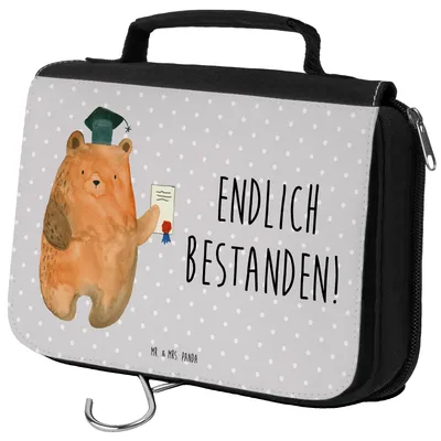 Produktbild von Mr. & Mrs. Panda beauty case Bär Prüfung - Grau Pastell - Geschenk, badtasche, Teddy, Abschluss, Kulturtasche, Abschlusszeugnis, Zeugnis, Kosmetiktasche, Bestanden