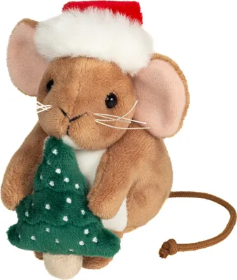 A plush toy mouse wearing a Santa hat and holding a small Christmas tree.