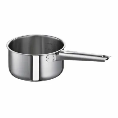 A single stainless steel saucepan with a handle, shown against a white background.