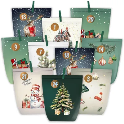 Productafbeelding van Adventskalender met 24 papieren zakjes, kerstzakjes, aquarelgroen