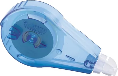 A blue correction tape dispenser is shown against a white background.
