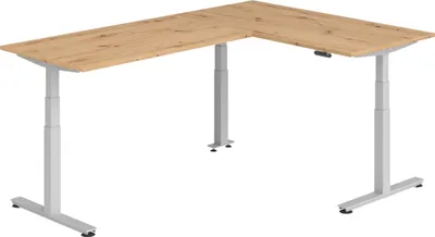 Produktbild von bümö Eckschreibtisch elektrisch höhenverstellbar L-Form - Gestell: Silber, Nachbildung: Asteiche, Größe: Eckschreibtisch 160 x 240 cm