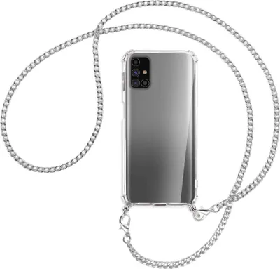 Produktbild von Handykette Backcover-Schutzhülle mit Band (Metall silberfarben) für Samsung Galaxy M31s - silberfarbene Kette