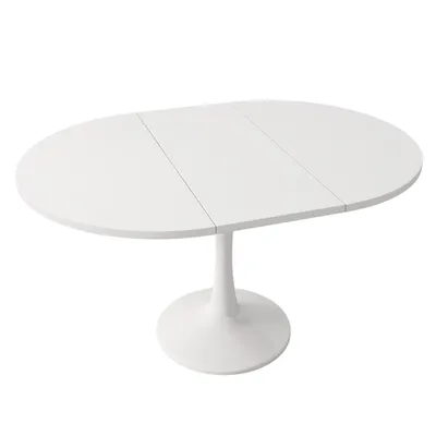 A white oval dining table with a pedestal base is shown from a slightly elevated angle against a white background.