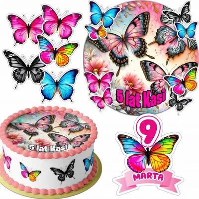 Produktbild von Zestaw Opłatek Na Tort 20Cm + 16 Postaci - Motyl + Imię 15Cm 18Cm