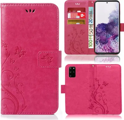 Collage of a pink phone case with floral and butterfly patterns, showing different angles and features.