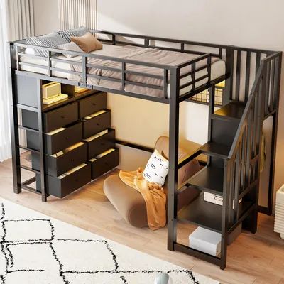 Produktbild von MODFU Kinderhochbett 90 x 200 mit Matratze,Jugendbett mit 8 Schubladen, LED-Beleuchtung und Kleiderschrank, Metall-Bettgestell mit Treppe,Schwarz