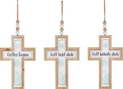 Produktbild von Gilde Hänger, Kreuz, Spruch, gepunktet, MDF, naturfarben, L. 0.9 cm, B. 15 cm, H. 36 cm 44395 4063387443958 3 Stück (3-fach sortiert)