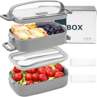 Produktbild von Bugucat Lunchbox 1600ML, Bento Box Brotdose Auslaufsicher Luftdicht, Besteckset Grau