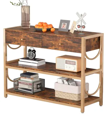 Immagine prodotto di Tavolino da ingresso – Consolle stretta con 2 cassetti – Ripiani a 3 livelli – Struttura in legno – Ideale per ingresso e corridoio – Colore marrone