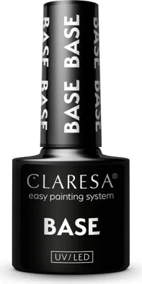 A studio shot of a black bottle of Claresa base coat nail polish.