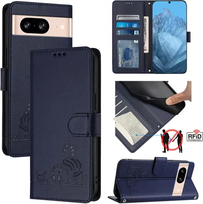 Produktbild von Leder Hülle für Google Pixel 8 Süße Katze Flip Case Brieftasche Schutzhülle mit Standfunktion Blau