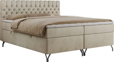 Produktbild von MKS MEBLE Boxspringbett 200x200, Bett 200x200 mit Matratze H4, Boxspringbett 200x200 mit Bettkasten und Topper, Polsterbett 200x200 Füße - GRIMALDI - 200x200 - Beige Velvet - H4