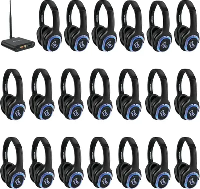 Zdjęcie produktu dla Zestaw startowy Retekess TA004 Silent Disco, bezprzewodowe słuchawki do telewizora, zasięg 200 m, jakość dźwięku Hi-Fi, 20 słuchawek, słuchawki na imprezy, siłownię, jogę