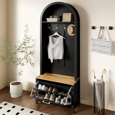 Image de OKWISH Vestiaire d’Entrée avec Patères, Étagères et Porte-Chaussures - Meuble Tout-en-un en MDF avec Pieds Métal, 75x35x195 cm - Noir+Naturel