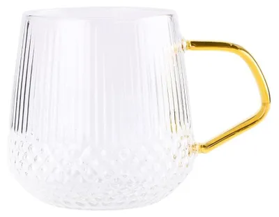 Produktbild von Gestreifter Glasbecher mit vergoldetem Henkel 400 ml transparent für Kaffee Teegetränke