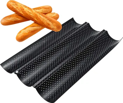 Produktbild von Schwarz Baguette Backblech 3 Mulden 38 x 24,5cm, mit Gute Antihaftbeschichtung & gleichmäßige Bräunung durch optimale Wärmeleitung