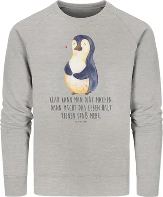 Produktbild von Mr. & Mrs. Panda Rundhals Pullover Pinguin Diät Größe XL - Heather Grey - Geschenk, Pulli, Organic, Sweatshirt, Selbstliebe, Baumwoll, Sweater, Pinguine, Abnehmen