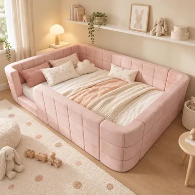 Zdjęcie produktu dla Łóżeczko dziecięce o wymiarach 140 x 200 cm, w kolorze różowym, z obiciem z tkaniny typu chenille, otaczającym barierka ochronną i stelażem z listew