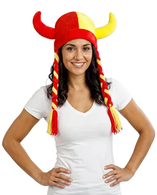 Produktbild von Spanien Fan-Helm aus Stoff mit Hörnern und Zöpfen Rot Gelb -