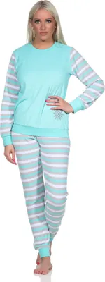 Produktbild von Geringelter Damen Frottee Schlafanzug langarm Pyjama mit Eiskristall ; mint , 44-46