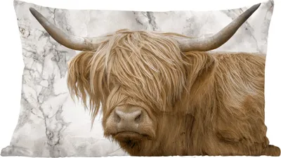 Produktbild von MuchoWow® Zierkissen Sofakissen Wohnzimmer Dekokissen 50x30 cm Schottisches Hochlandrind - Marmor - Tiere - Wohnzimmerdekoration - Polster mit Photo