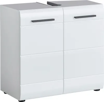 A white bathroom vanity cabinet with two drawers on top and two cabinet doors below, resting on small black feet.