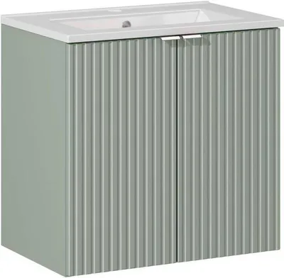 Produktbild von Badezimmerschrank Mit Waschbecken 60 Cm - Line Reed Green Mit Gefräster Front Und Silbernem Griff
