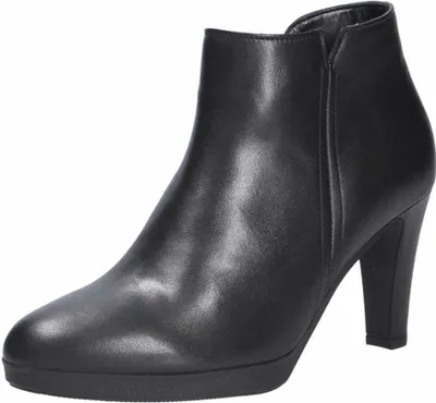 A black leather ankle boot with a high heel and platform sole is shown against a white background.