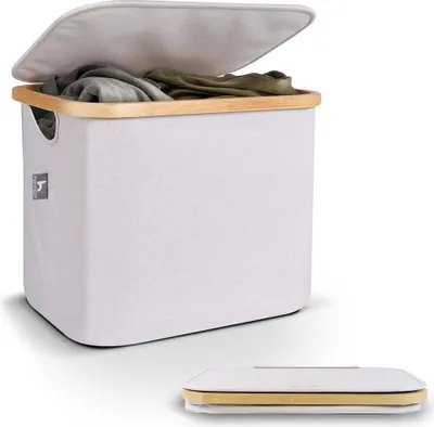 Produktbild von DS Produkte Aufbewahrungskorb Adrian, Bambusrahmen, 40L, faltbar mit Deckel, vielseitig nutzbar als Wäschekorb, Spielzeugbox, Bücherablage, passend für IKEA Kallax Regal, geruchsfreie Lagerung, in 3 Min. aufgebaut