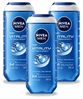 Image de 3 x Gel douche 3-en-1 Nivea Men Vitality - 250 ml - Pack économique - 3 pièces