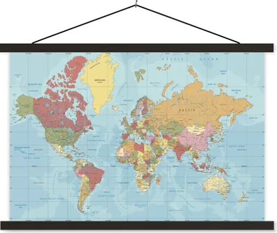 Produktbild von MuchoWow® Textilposter Karte - Welt - Farben 60x40 cm mit schwarzem Rahmen - Hölzernes