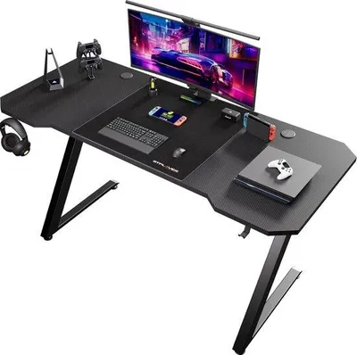 Image de Bureau de jeu 120x60 cm, noir - Table de jeu avec surface en fibre de carbone - Éclairage LED - Bureau pour PC