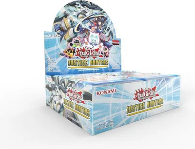 A display box of Yu-Gi-Oh! TRADING CARD GAME Justice Hunters booster packs, shown from a slightly elevated side angle against a white background.