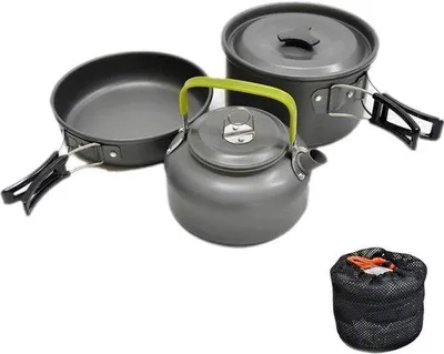 Produktbild von Famanu Camping Kochgeschirrset für 2-3 Personen - faltbares Set mit Pfanne, Kochtopf und Teekanne
