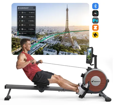 Produktbild von MERACH Rudergerät mit 15,6-Zoll-HD-Bildschirm, 16 magnetischen Widerstandsstufen, leiser Doppelgleitschiene, App-Kompatibilität, bis 158 kg, schwarz