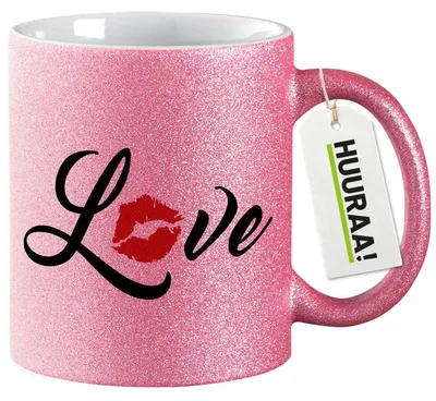 Produktbild von Huuraa Glitzertasse Love Kuss 330ml Pink Keramik Kaffeebecher Geschenkidee