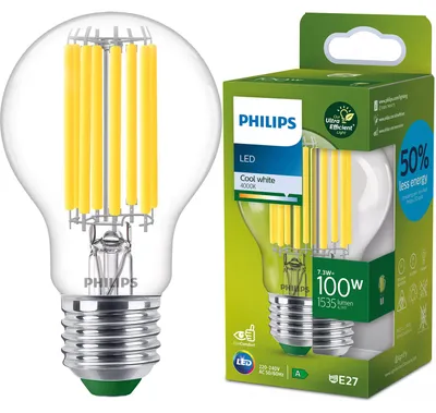Zdjęcie produktu dla Philips Żarówka żarnikowa przezroczysta 100 W A60 E27, 7,3 W, 100 W, E27, 1535 lm, 50000 h, Zimne białe