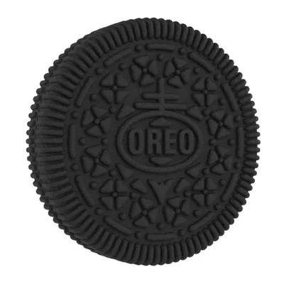 A black Oreo cookie is shown against a white background.