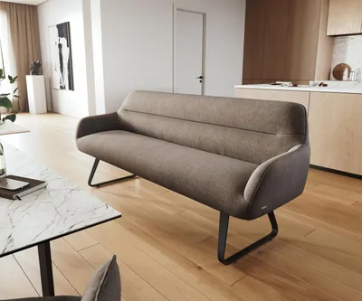 Produktbild von DELIFE Esszimmerbank Taya-Flex 200 cm Strukturstoff Soft Taupe Kufengestell flach Schwarz Taschenfederkern