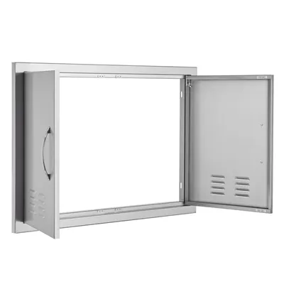 Image de SucceBuy 762x533mm Double porte d'accès BBQ, porte Flush Mount en acier inoxydable avec poignées et orifices d'aération, cuisine d'extérieur porte verticale pour îlot BBQ et station de grillade